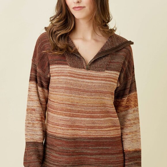 MYSTREE Rust Brown Ombre Stripe Half-Zip Knit Sweater, Cozy Fall Pullover - Picture 1 of 7